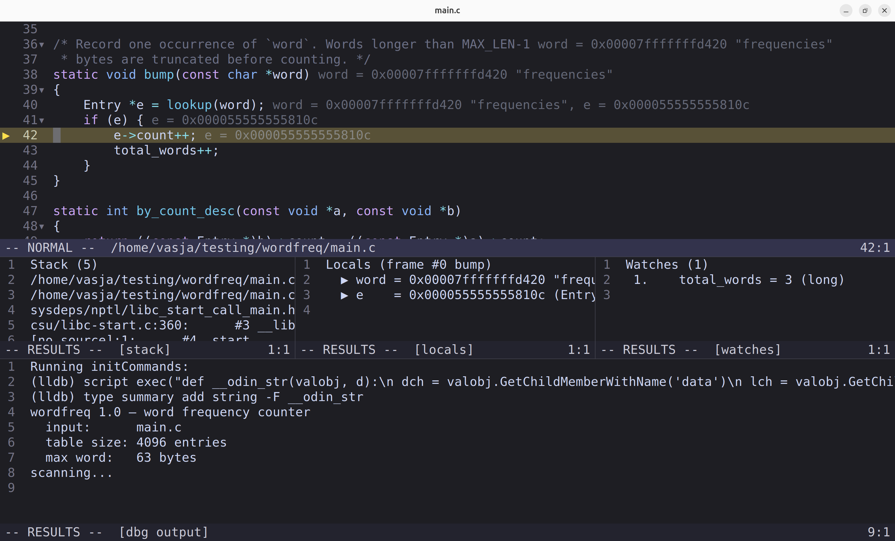 DAP debugger paused at a breakpoint